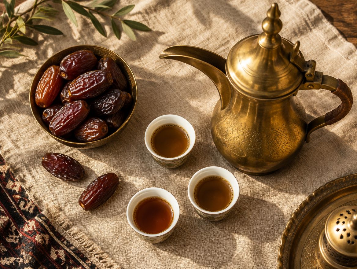 دلّة قهوة نحاس وفناجين قهوة عربي وطبق تمر على مفرش كتّان