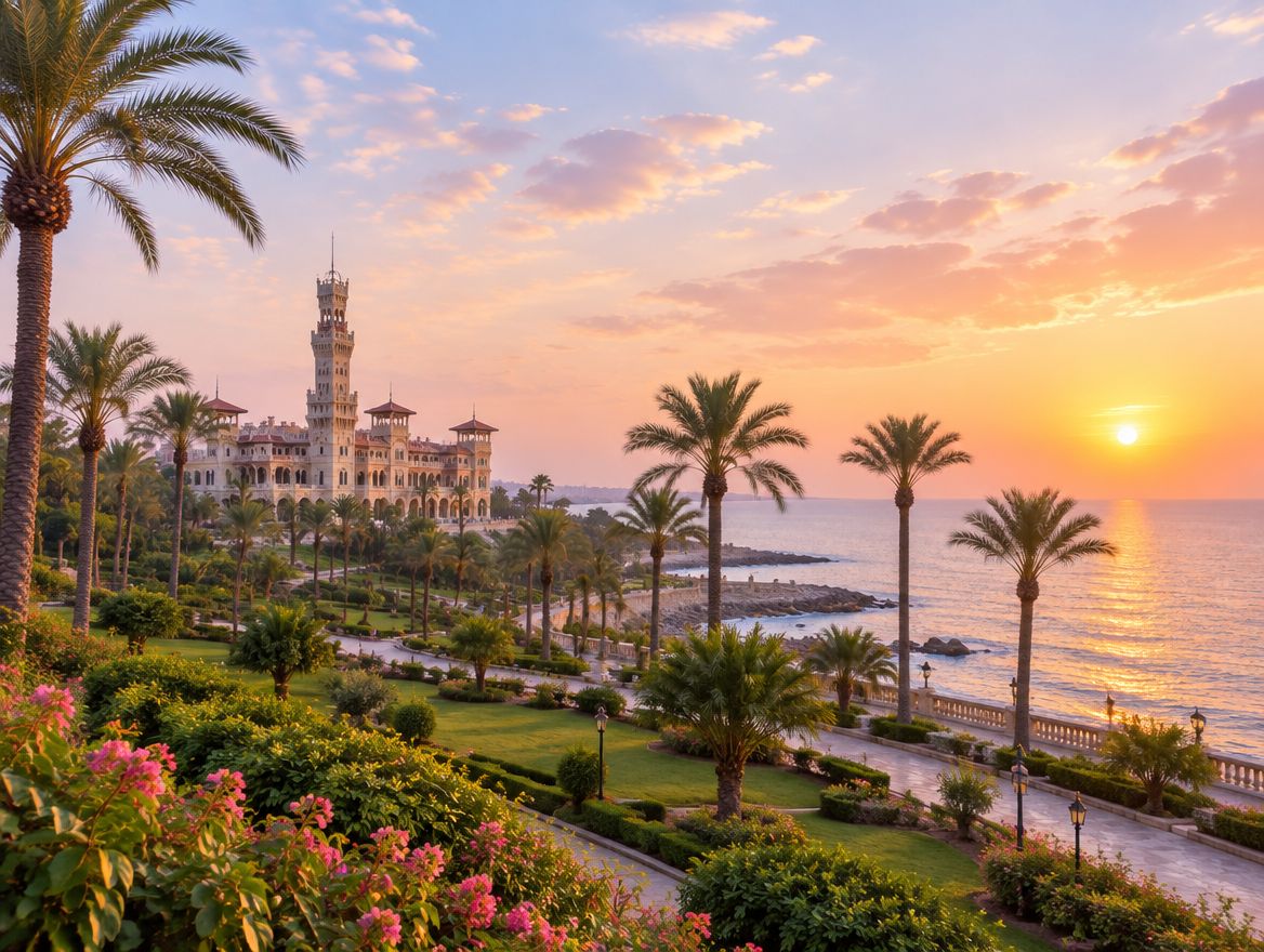 قصر المنتزه وجناينه والنخل على البحر وقت الغروب